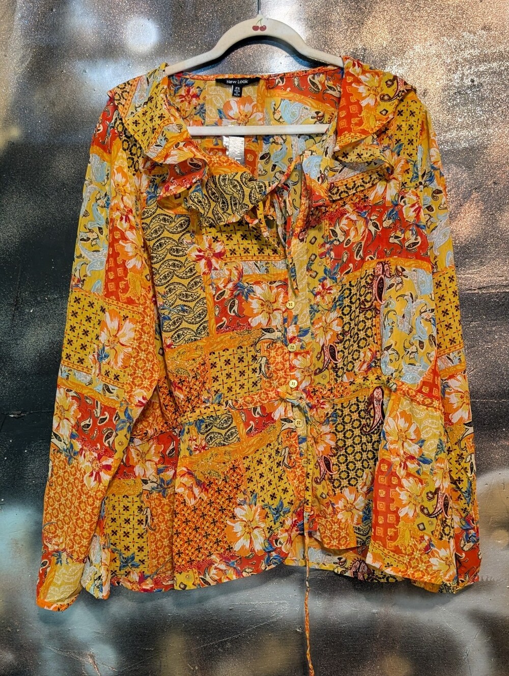 New Look Women's Orange Floral Patchwork Button-Up Blouse